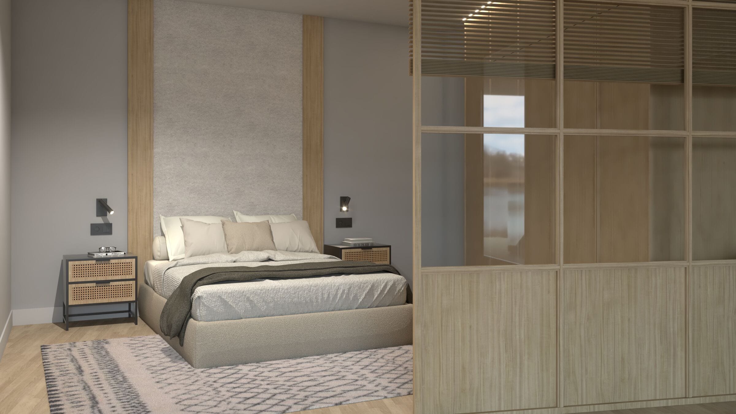 A modern bedroom with a large bed, a wooden wardrobe, and a nightstand with a lamp.