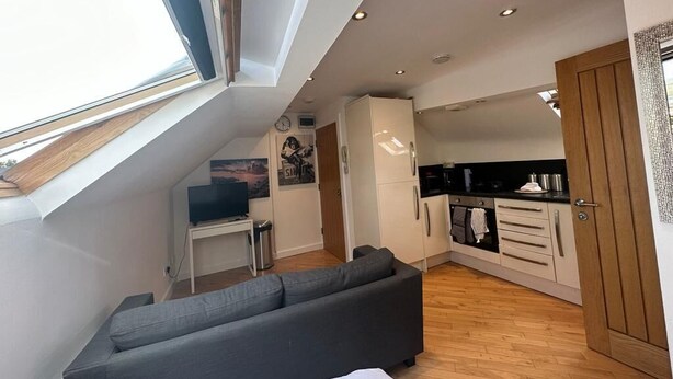 En moderne, åben lejlighed med ovenlys, en grå sofa, et tekøkken og et spiseområde.