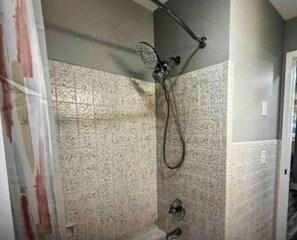 Hair dryer, towels, soap, shampoo