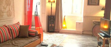 Een televisie, een dvd-speler, boeken en een muziekbibliotheek