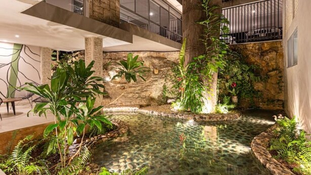 A modern indoor garden with a central water feature, stone walls, and various plants. - Caseiba Peaceful Stays 2 (Mérida)