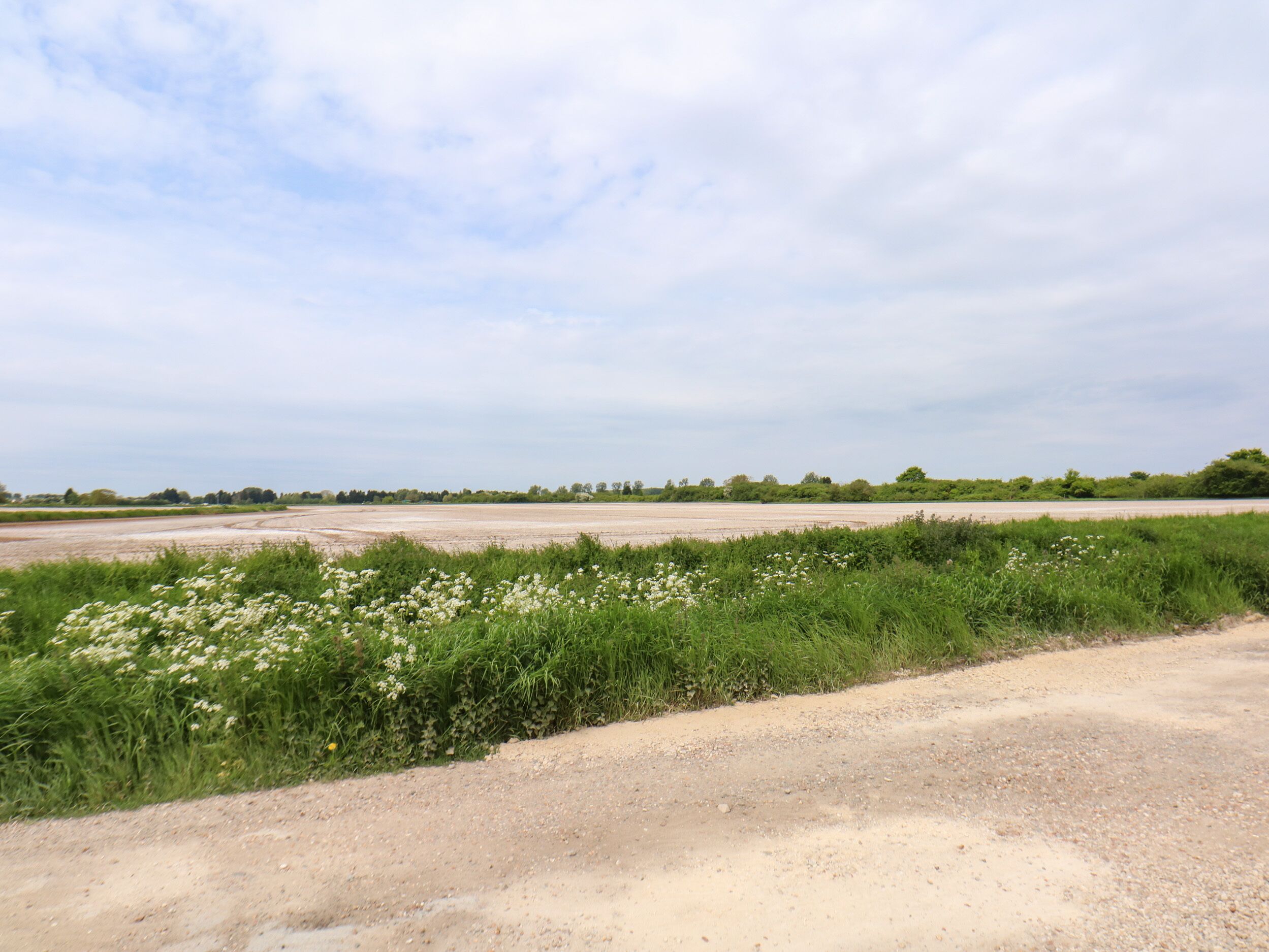 A rural landscape with a dirt road, fields, and a clear sky.