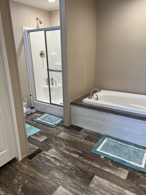 Hair dryer, towels, soap, shampoo