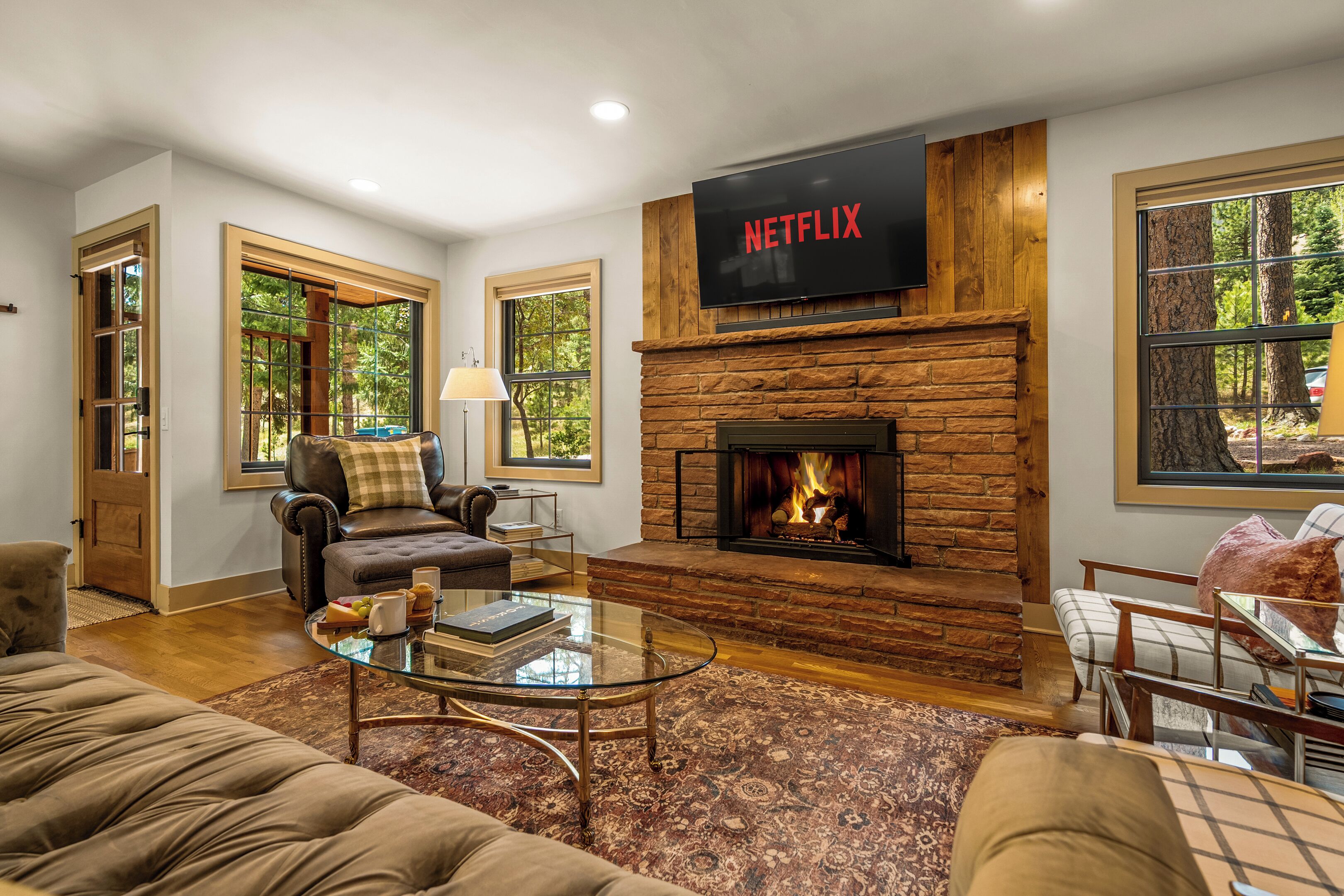 Smart TV, fireplace, books, stereo
