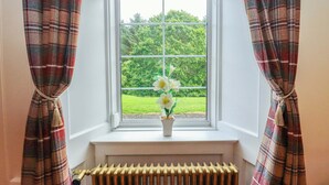 A window with plaid curtains, a radiator, and a vase with flowers. - Rob Roy Apartment (Glasgow)