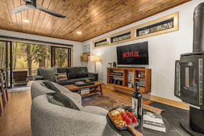 TV connectée, cheminée, livres, chaîne hi-fi