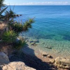 A coastal landscape with clear blue water, rocky shore, and sparse vegetation.