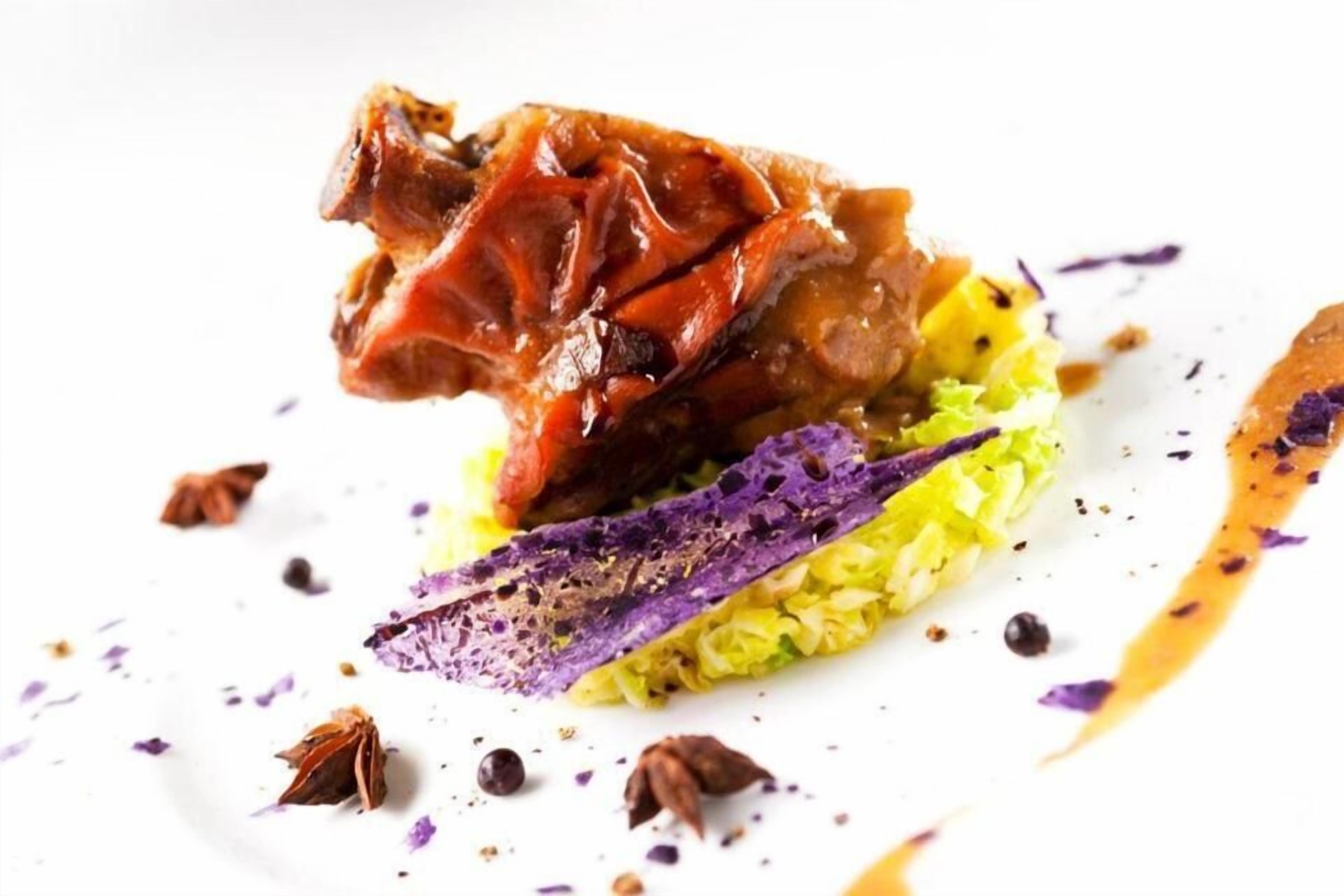 A dish with a piece of meat and purple vegetable on a white plate.