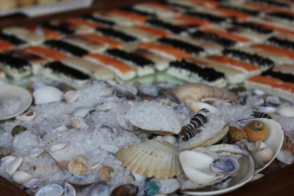 A variety of seafood, including oysters and clams, displayed on ice.