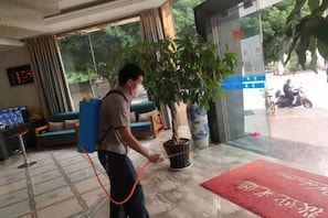 A hotel lobby with a reception desk, a large potted plant, and a red carpet.