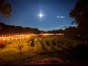 A nighttime landscape with a bright star in the sky, illuminated fields, and a fence.