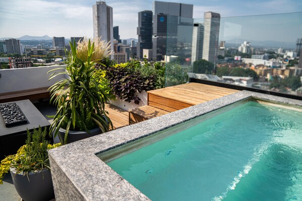 A rooftop pool with a city view, surrounded by potted plants and a wooden deck.