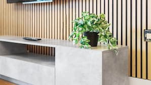 A modern reception desk with a potted plant, a remote control, and a wall-mounted electrical outlet. - 2 Bed Apartment - City Centre - Parking - Balcony
 (Birmingham)