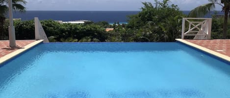 Enjoy a refreshing swim in our pool overlooking the ocean and lush surroundings.