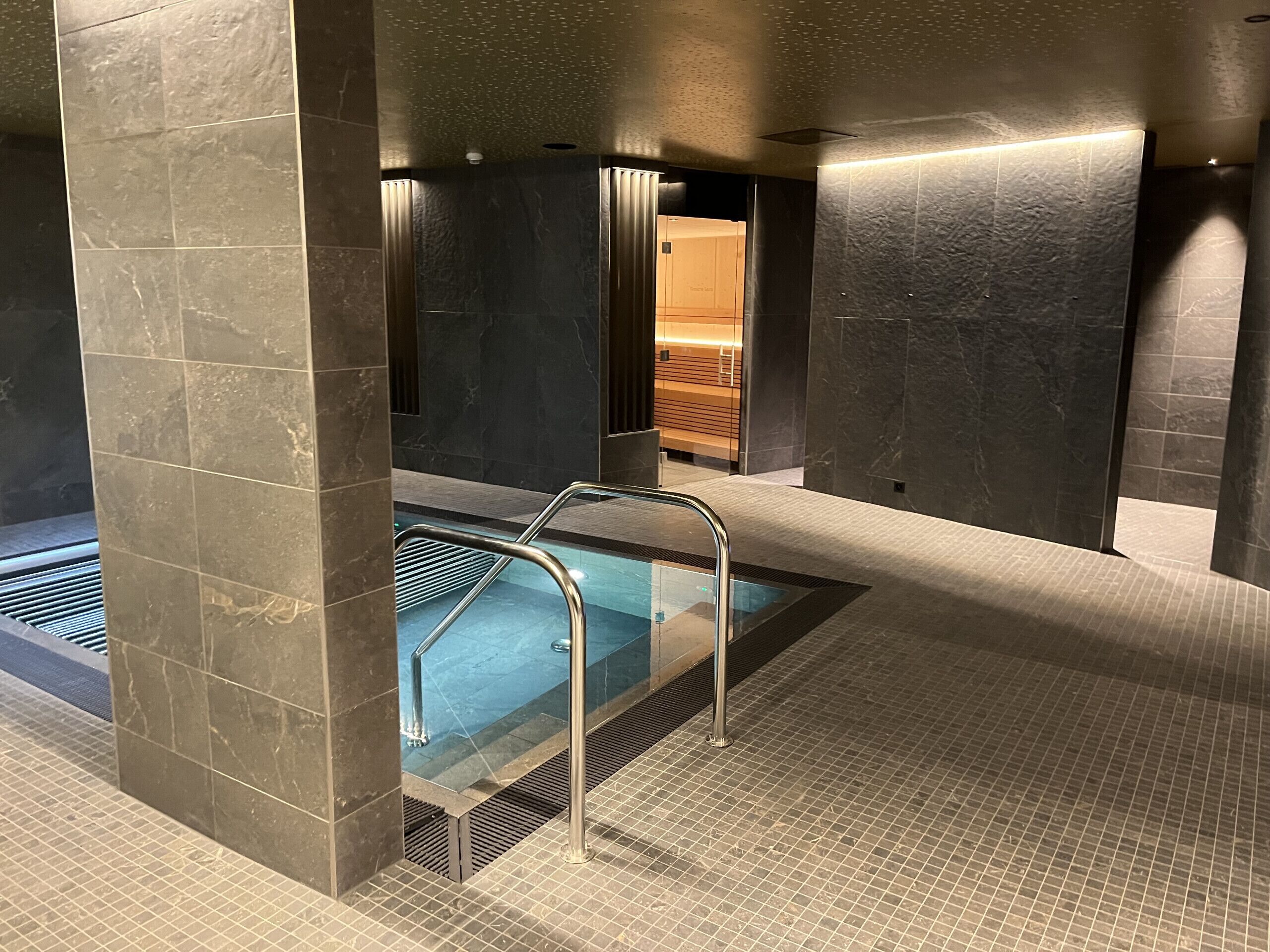 Ein moderner Innenbereich mit Schwimmbecken, einer Glasscheibe und Metallhandläufen.