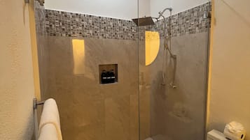A modern bathroom with a glass-enclosed shower, a toilet, and a towel rack.