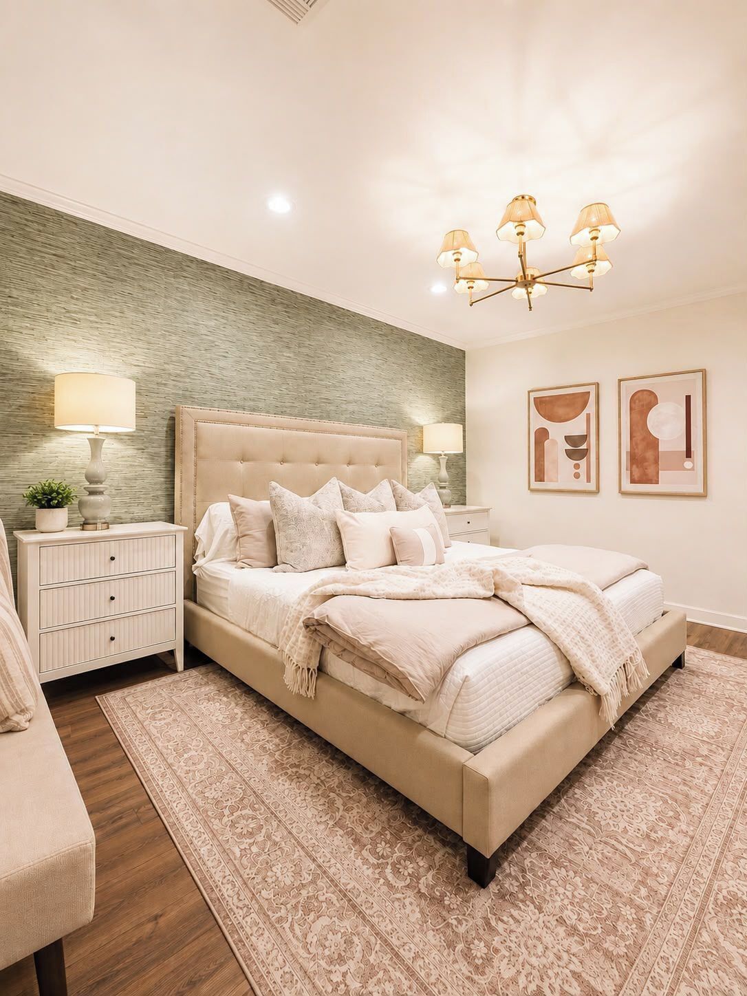 Quarto com uma cama grande, mesas de cabeceira, um candelabro e obras de arte nas paredes.