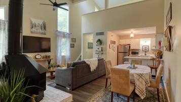 Smart TV, fireplace, books