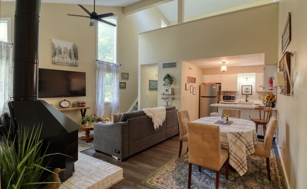 Smart TV, fireplace, books