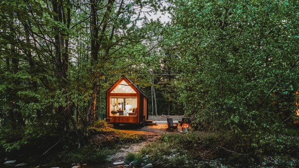 A small wooden cabin with a glass front, surrounded by dense forest and a stream.