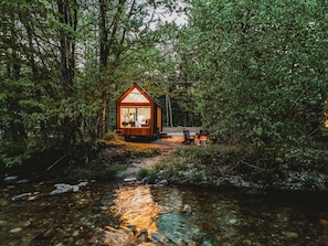 A small wooden cabin with a glass front, surrounded by dense forest and a stream.