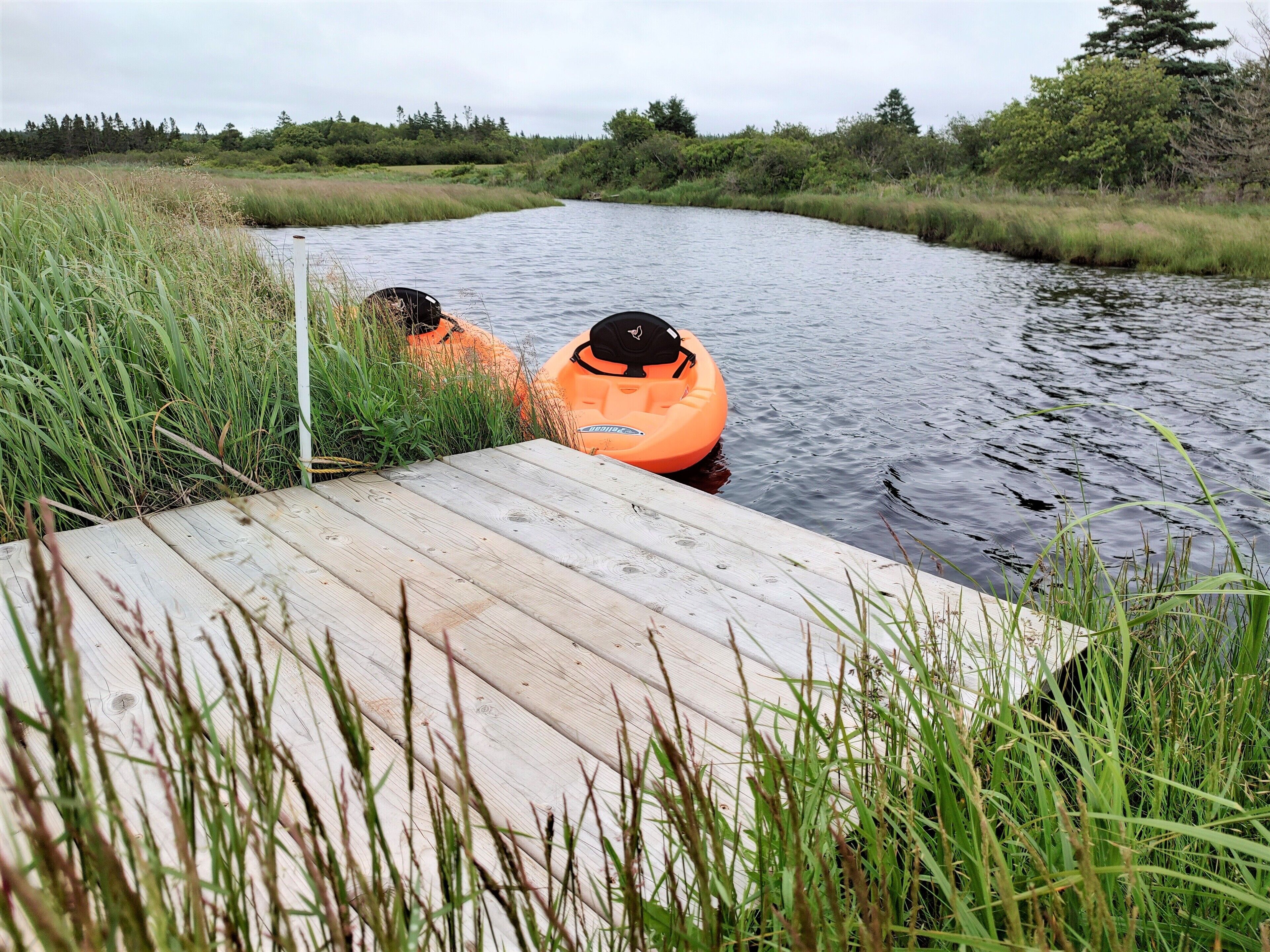Twee oranje kajaks op een houten steiger aan een rustige rivier, omgeven door groen.