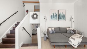 Smart TV, fireplace, books