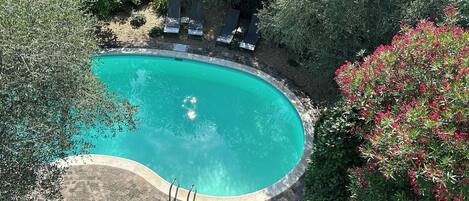 Une piscine entourée de verdure et dotée d’une terrasse en pierre.