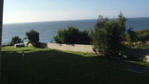 Een helderblauwe lucht en een wateroppervlak, waarschijnlijk de zee of oceaan, met een begroeiing en enkele bomen op de voorgrond.
