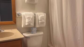 A bathroom with a toilet, a sink, a mirror, and a shower curtain.