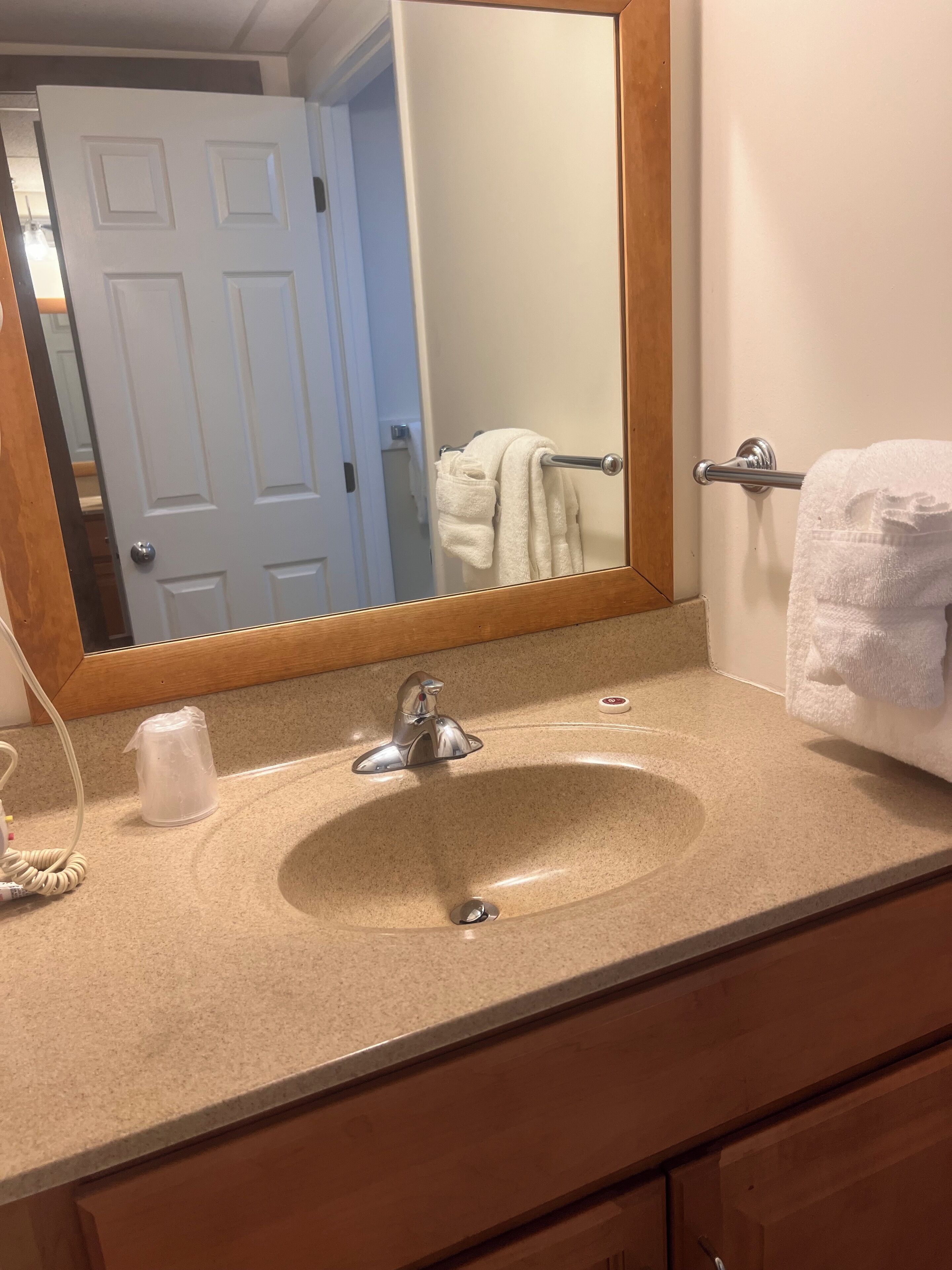 A bathroom with a beige sink, a mirror, and a towel rack.