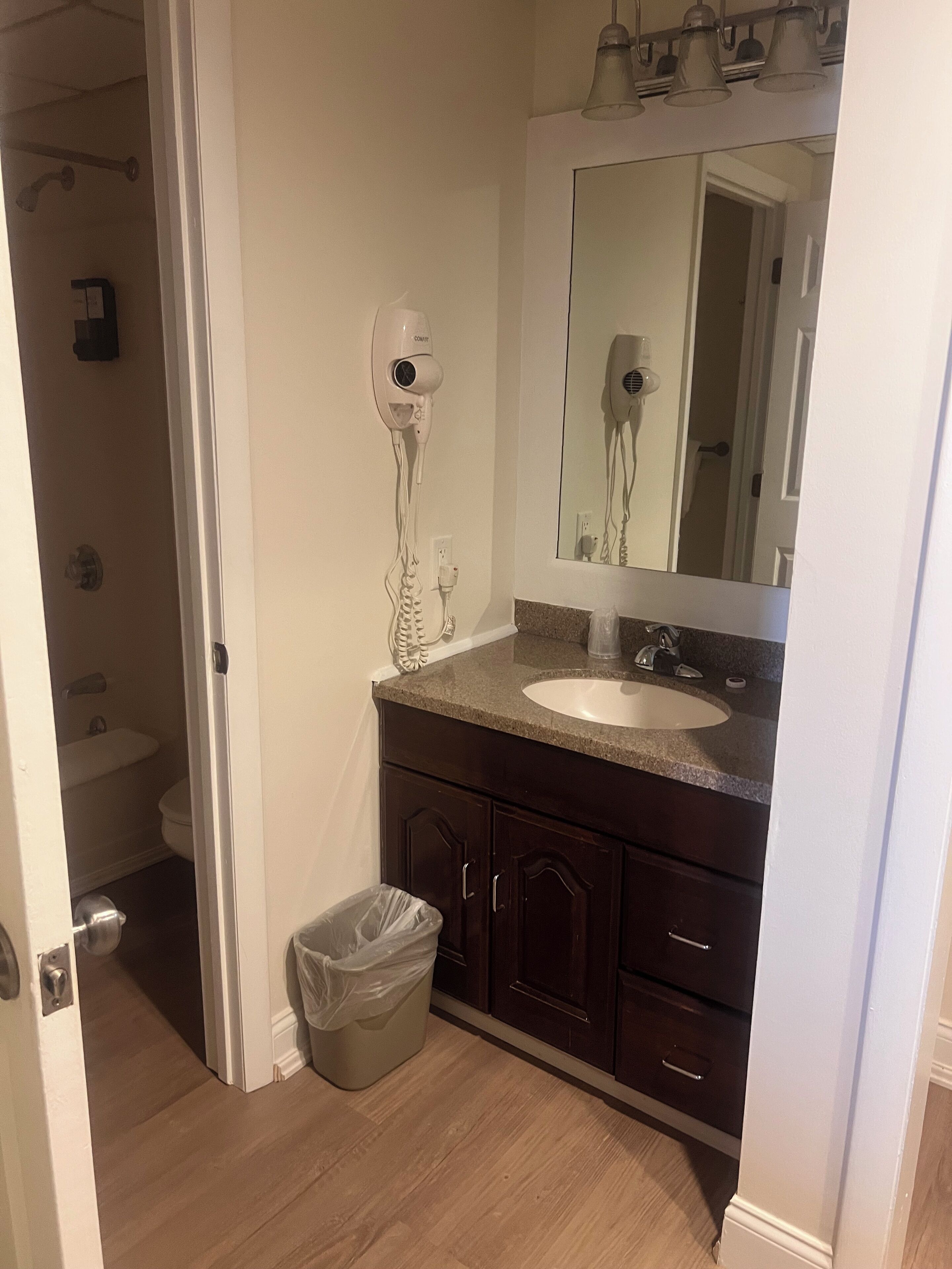 Une salle de bain avec un lavabo blanc, un meuble-lavabo en bois foncé, un sèche-cheveux, un miroir et une poubelle.