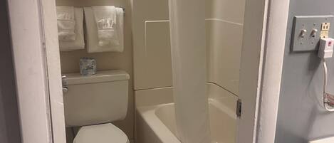 A compact bathroom with a toilet, a bathtub, and a shower enclosure.