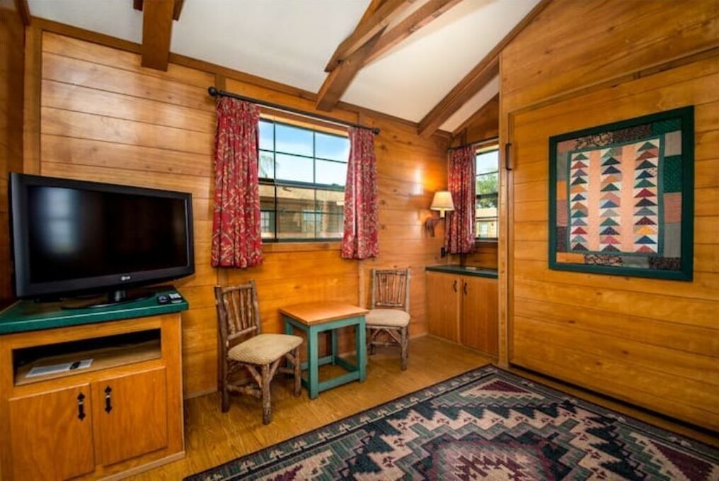 L’intérieur chaleureux d’un chalet avec une télévision, des murs en bois, un tapis à motifs et une courtepointe accrochée au mur.