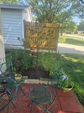 A patio with green metal chairs, a small tree, and a wooden fence. - EV Charging BirdHouse (Emporia)