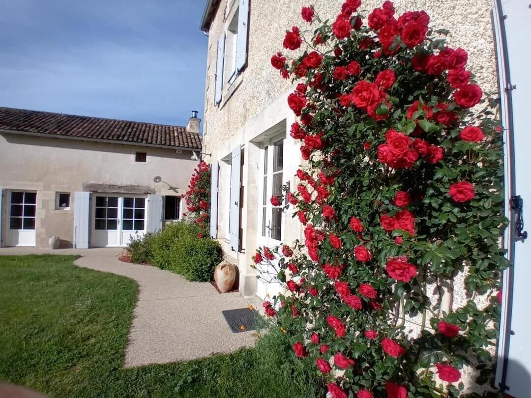 A building with a garden, a pathway, and a wall covered with red roses.