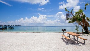 A beach with a wooden picnic table and a grill, palm trees, and a clear blue sky.