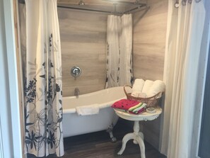 Hair dryer, towels, soap, shampoo