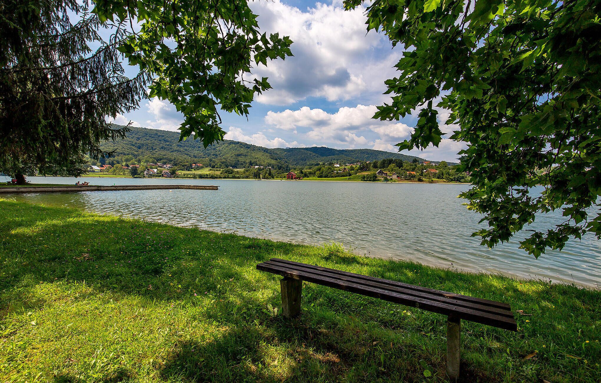 A lakeside park with a bench, calm water, and houses in the background.