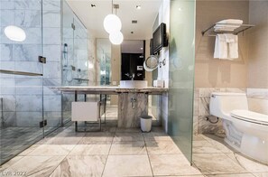 Hair dryer, towels, soap, toilet paper