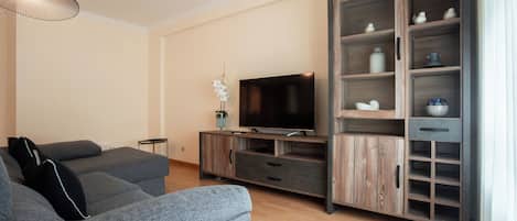 Un salon moderne avec un canapé gris, un téléviseur à écran plat et un meuble en bois doté d’étagères.