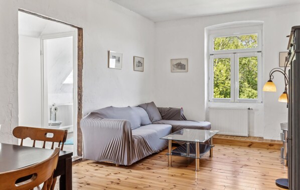 A modern living room with a wooden floor, a grey sofa, a glass coffee table, and a dining area with a wooden table and chairs. There is a window with a view of trees and a radiator on the wall. - Ferienwohnung Daniela (Rambin)