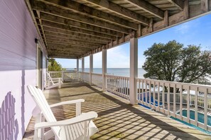 Terrace/patio - 1528 - Sound and Color, Stunning sound views at OBX home with private heated pool and pet-friendly (Corolla)