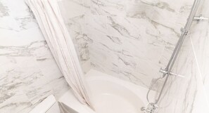 Combined shower/tub, hair dryer, towels