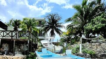 On the beach, sun loungers