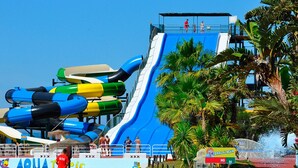 A water park with multiple slides and a pool area.