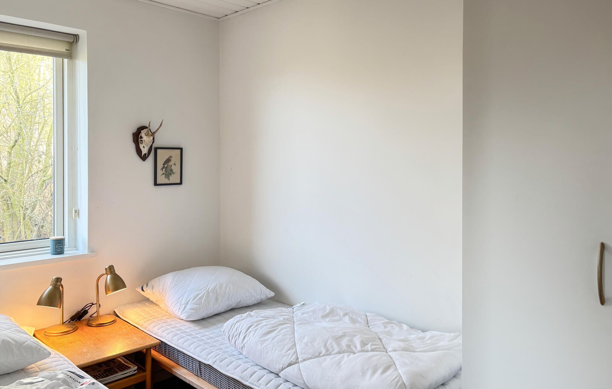 A small, neatly arranged bedroom with a single bed, a nightstand with a lamp, a framed picture, and a window with a view of trees.