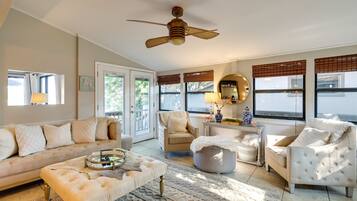 TV, fireplace, books