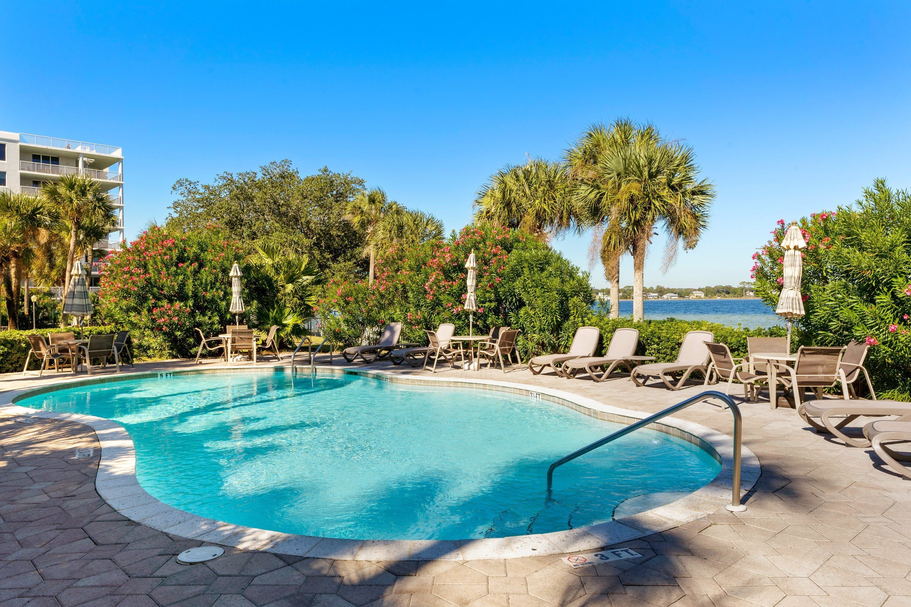A swimming pool with lounge chairs and umbrellas, surrounded by palm trees and a view of the ocean.