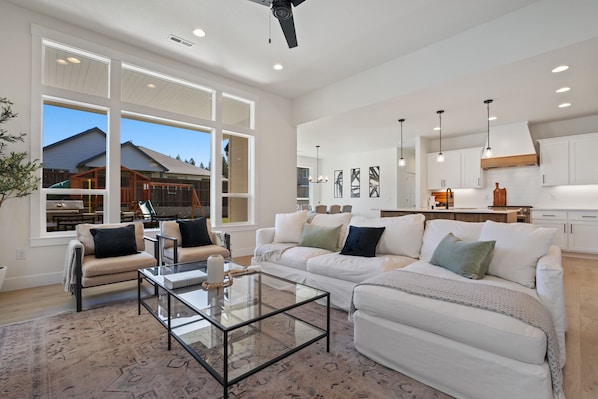 Smart TV, fireplace, foosball, books